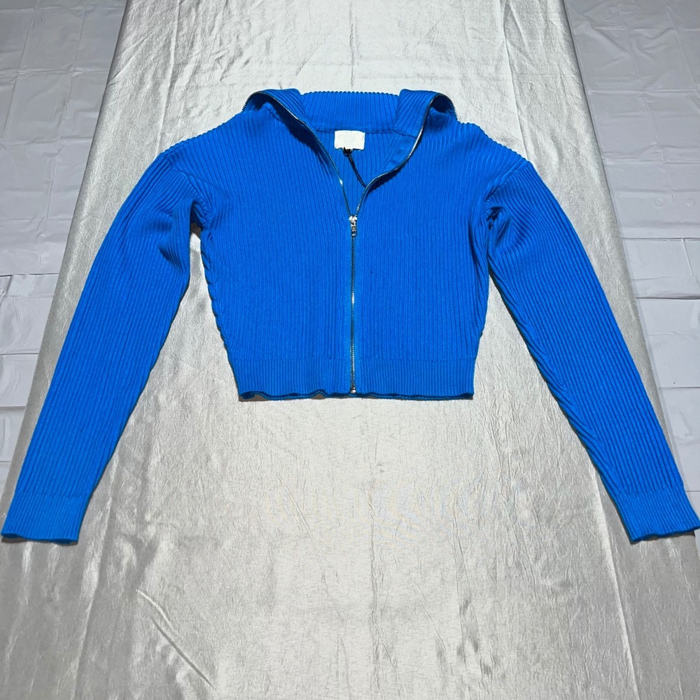 Hippie Rose Blue Ribbed Zip Up Cropped Sweater Cardigan 3S44266 Medium